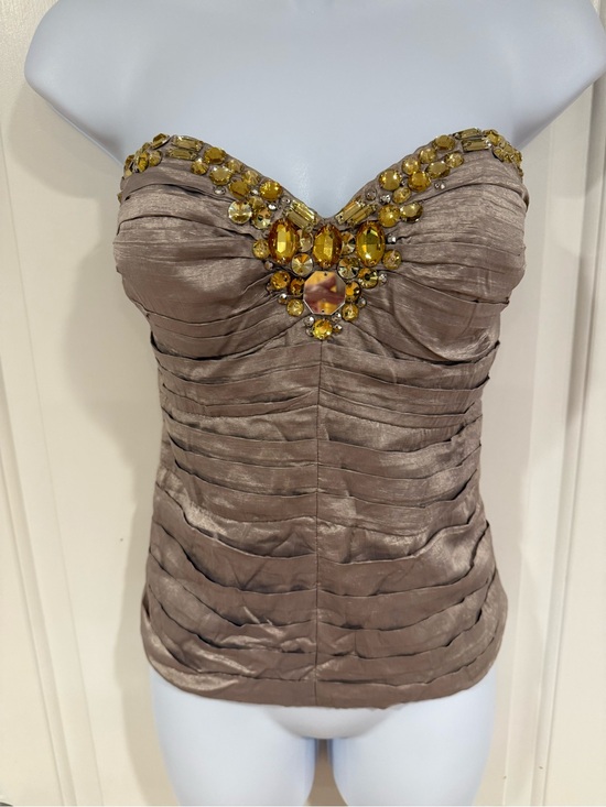 bebe Tops - Bebe strapless corset Taupe Ruched Top with gold Gem Embellishment / size small